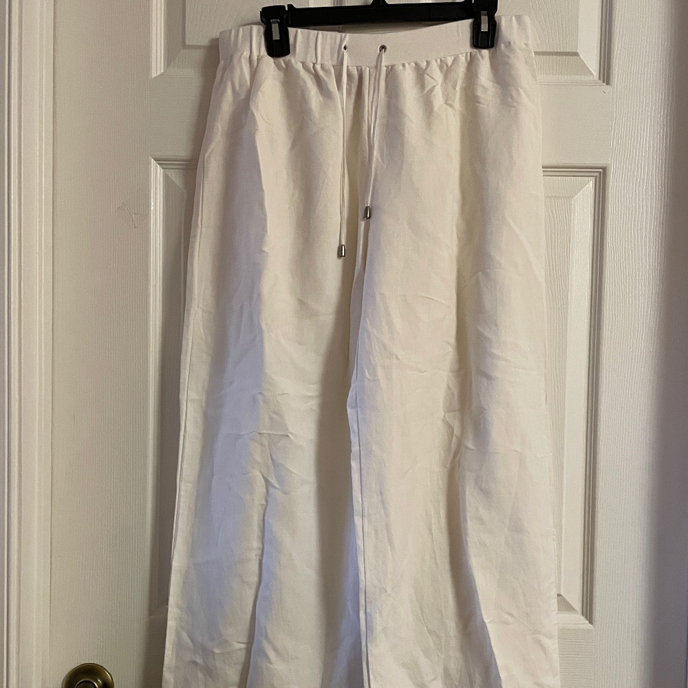 Miss Lili White Women's Linen Mix Pants Stretch Pull Up Waist Wide Legs  Sz XL